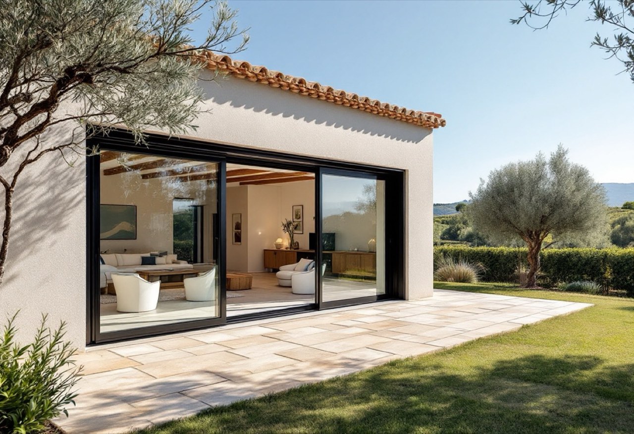 Villa contemporaine avec grande baie coulissante aluminium noir